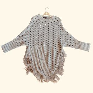 TCEC Gray Fringed Poncho Open Weave Pattern Sweater with Sleeves Size Large